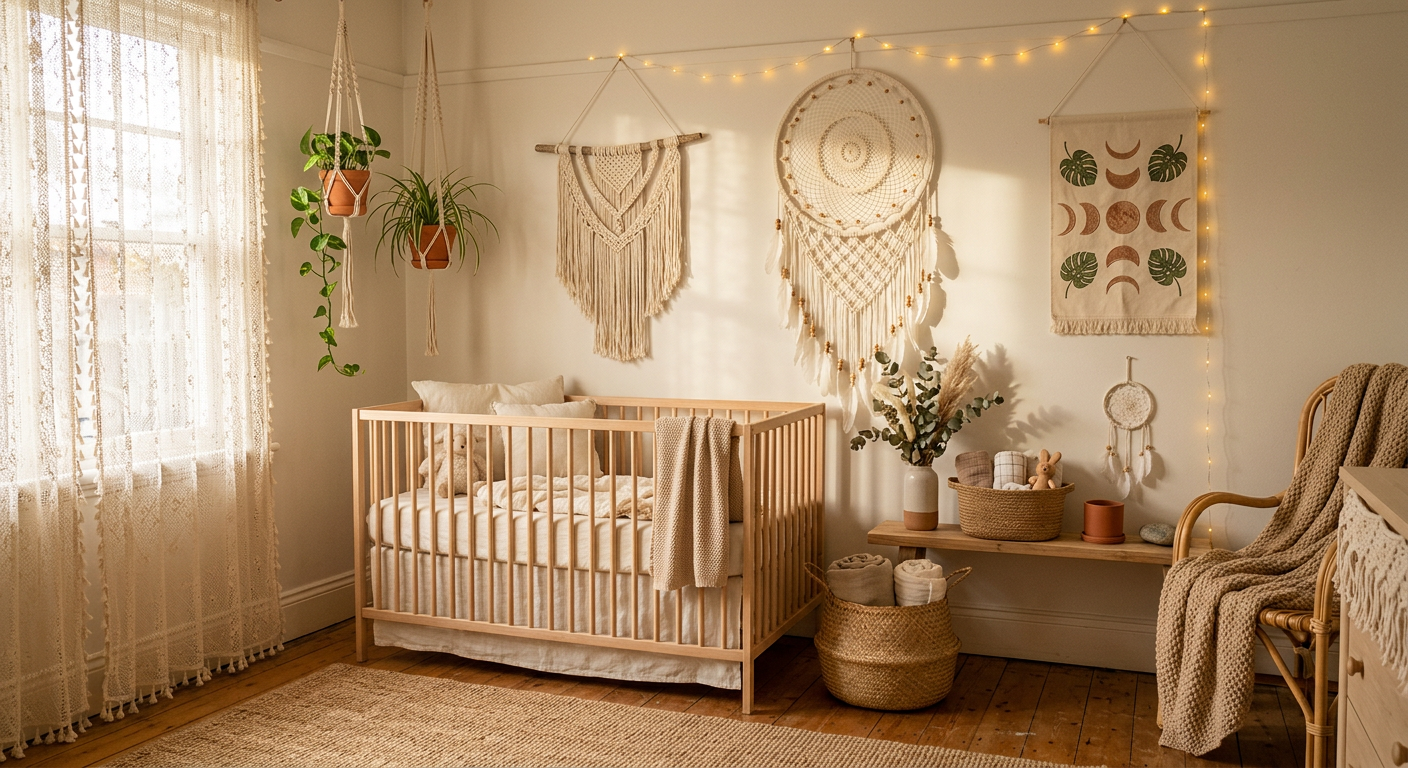 Boho nursery decorated with macrame wall art, dreamcatcher and natural textures