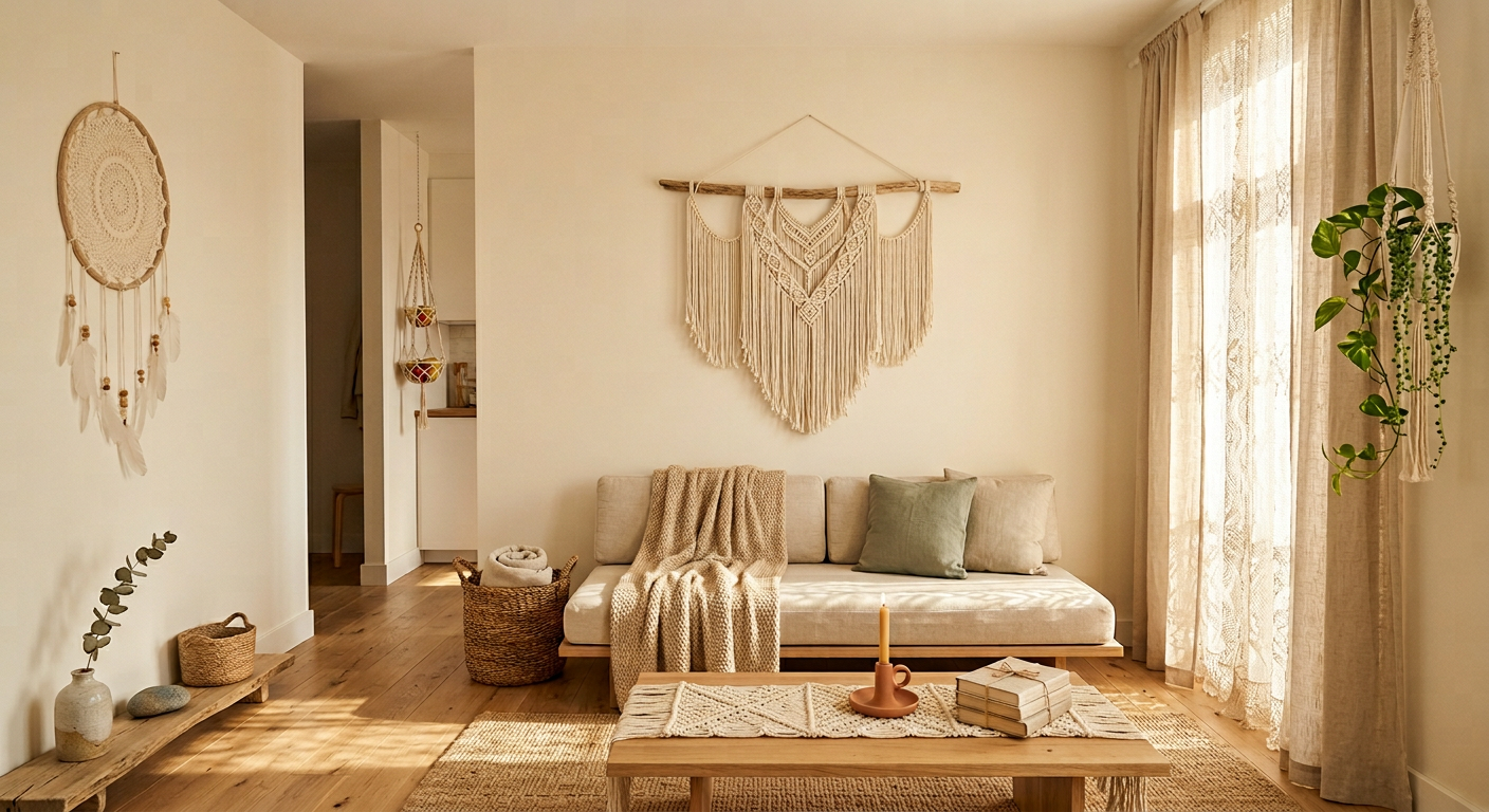 Living room mixing boho macrame decor with clean minimalist furniture