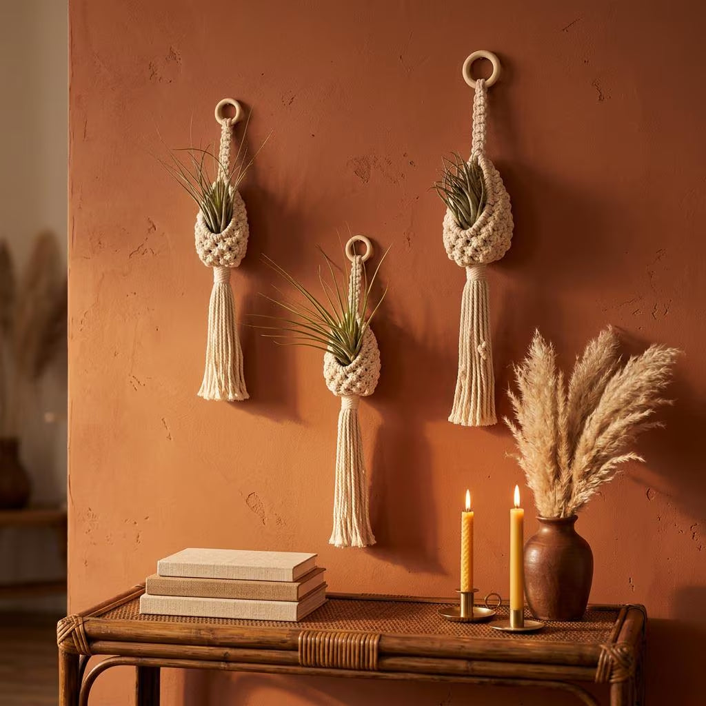 Macrame Plant Hanger Air Plant Holder | Boho Wall Hanging Crochet Planter | Farmhouse Decor Set