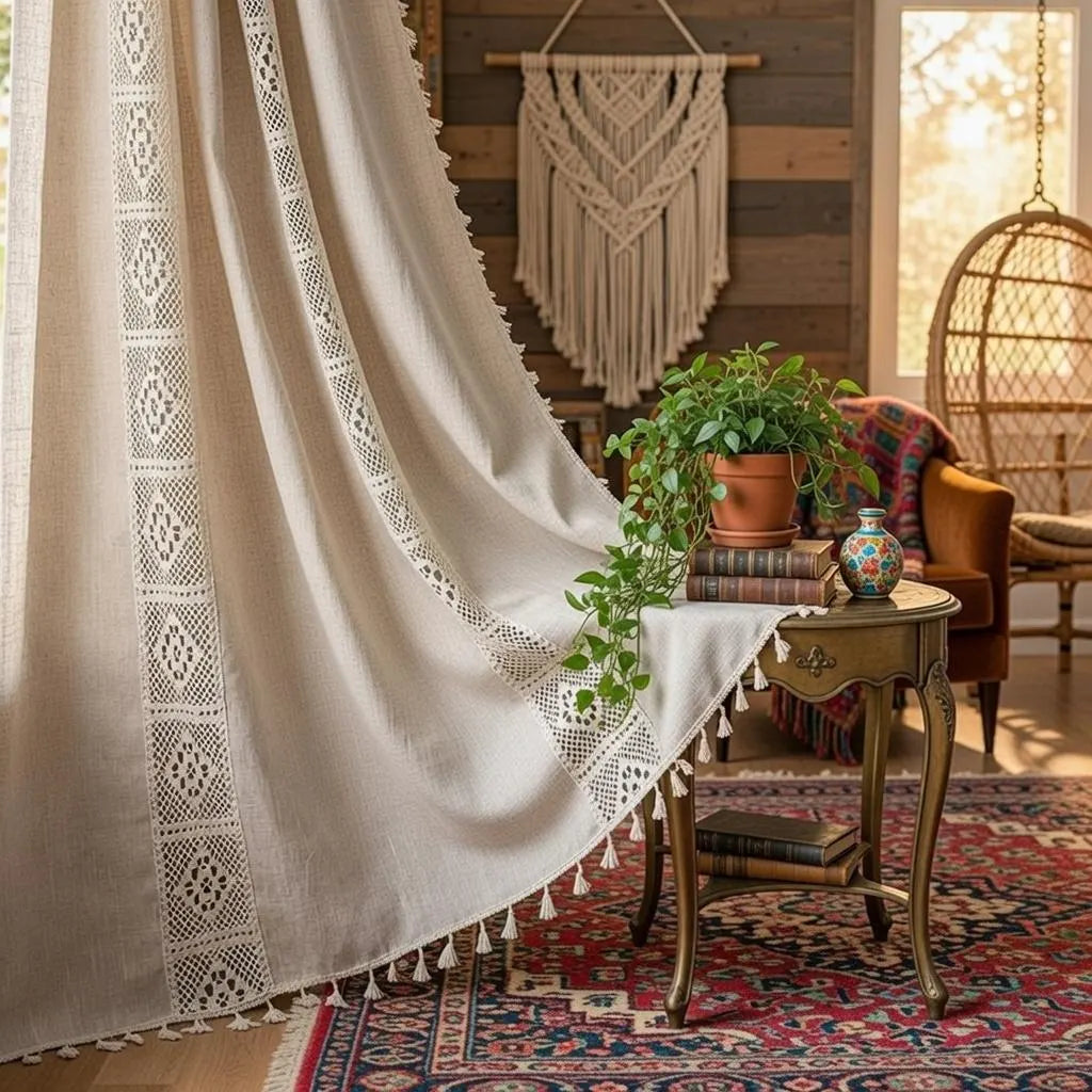 Crochet Lace Curtains Handmade Boho Tassel Trim Semi Blackout Window Treatment Farmhouse