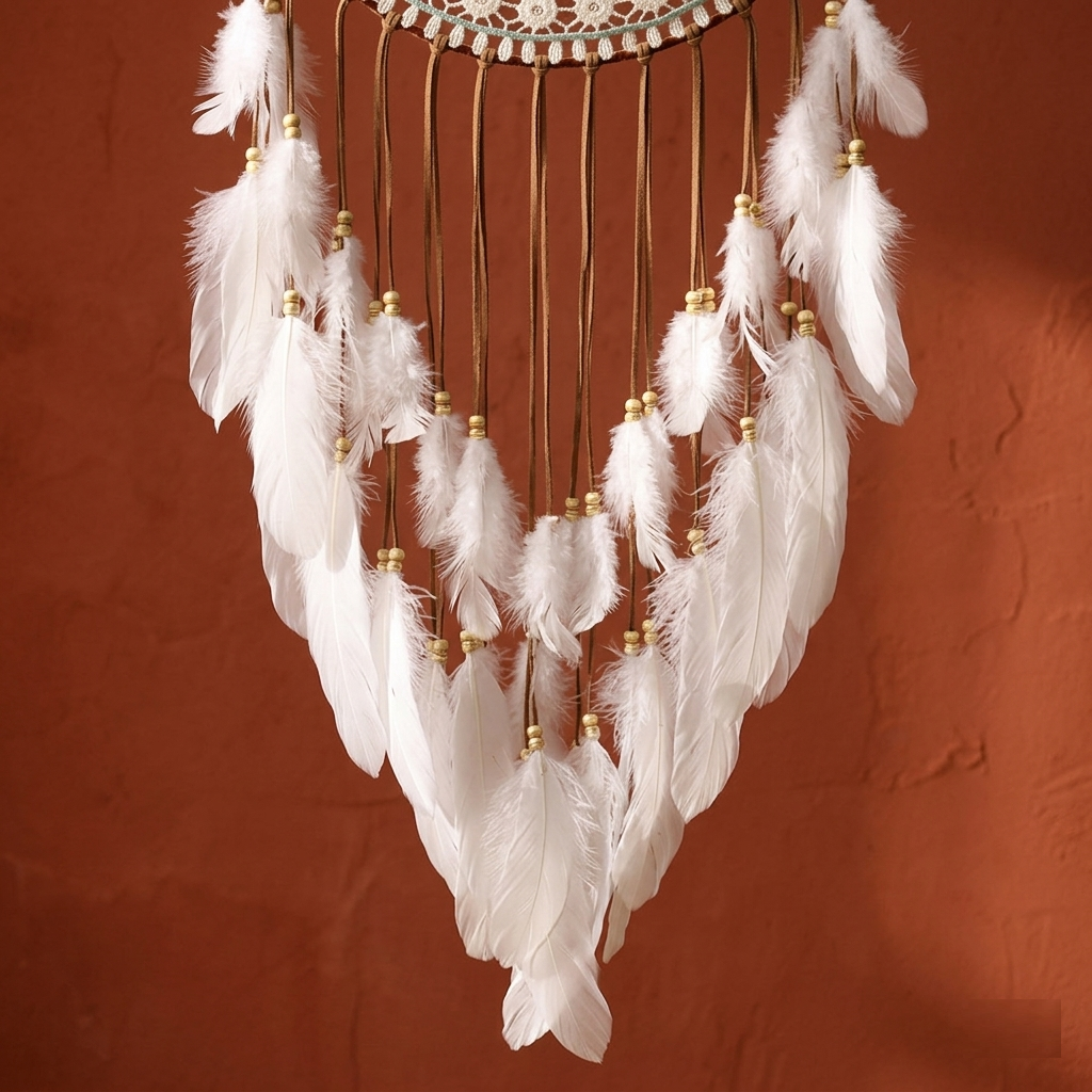 Large mandala dreamcatcher — close-up of white feather fringe with gold wooden beads on suede cords