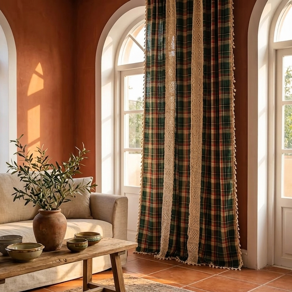 Green buffalo plaid crochet lace curtain in a French Provençal stone cottage dining room with warm honey walls