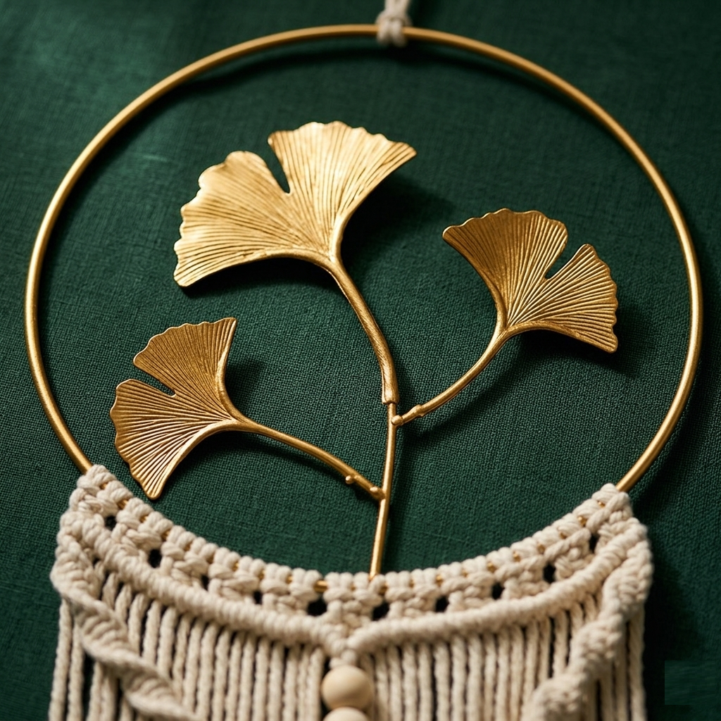 Close-up of three gold metal ginkgo leaves inside brass hoop on deep green background — Bohoartis
