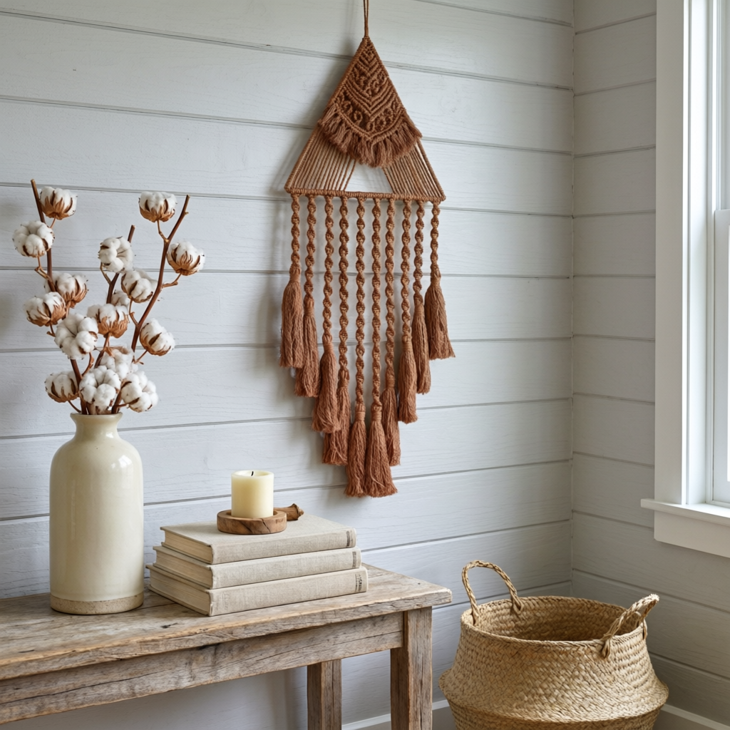 Brown triangle macrame wall hanging on shiplap wall above rustic console — farmhouse boho entryway decor with cotton tassels