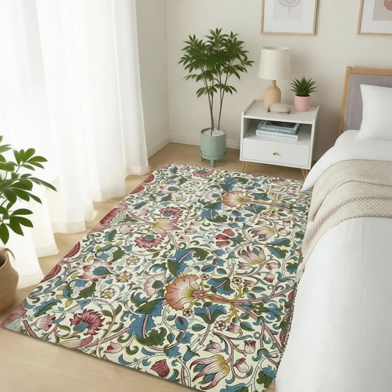 Teal blue William Morris area rug in a living room with a white sofa, sheer curtains, and a potted plant
