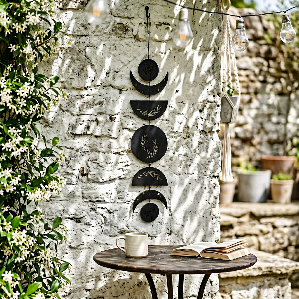 Moon phase wall hanging in witchy reading nook — black wood art with candles and crystals