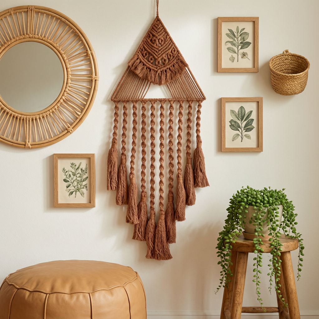 Brown triangle macrame dreamcatcher in boho gallery wall with rattan sun mirror and botanical prints — bohemian living room decor