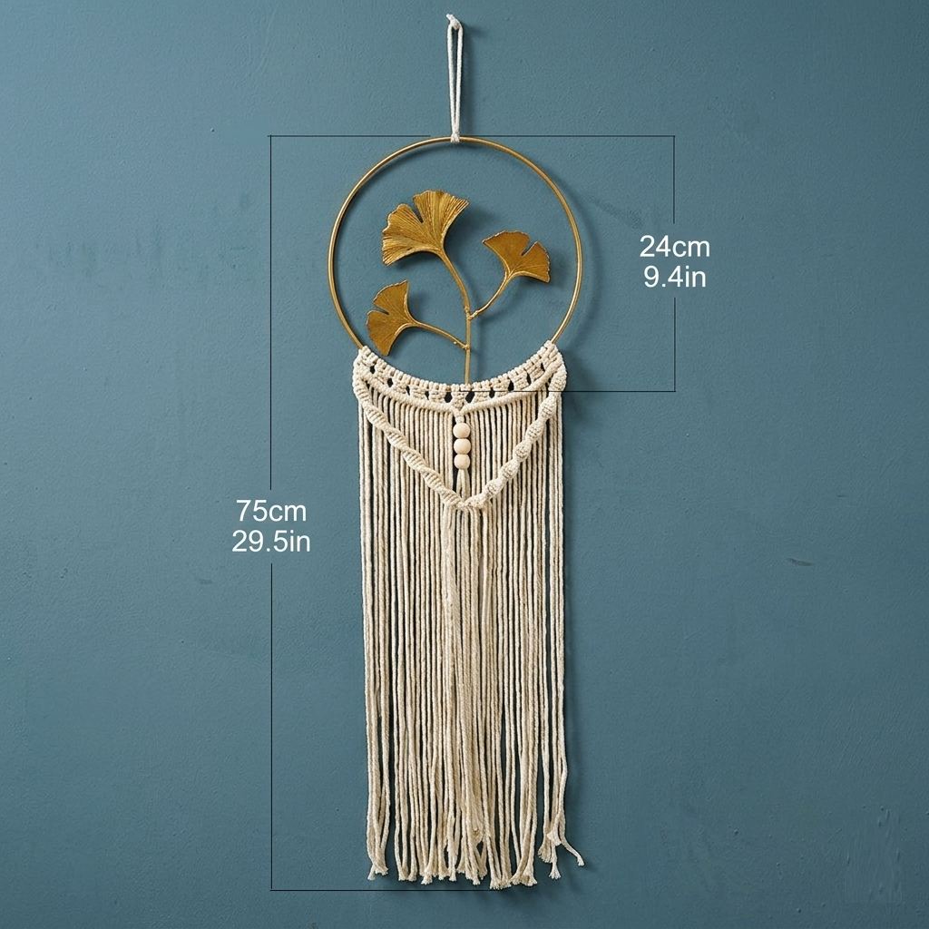 Ginkgo macrame wall hanging dimensions hoop diameter 24cm total length 75cm 9.4 x 29.5 inches — Bohoartis