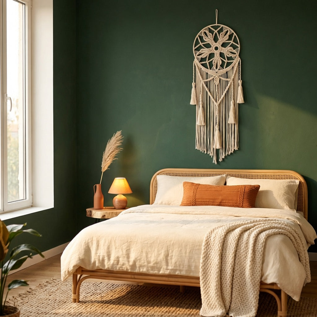 Large round cream macrame dreamcatcher on deep green wall above boho bedroom with rattan bed and warm lighting — Bohoartis