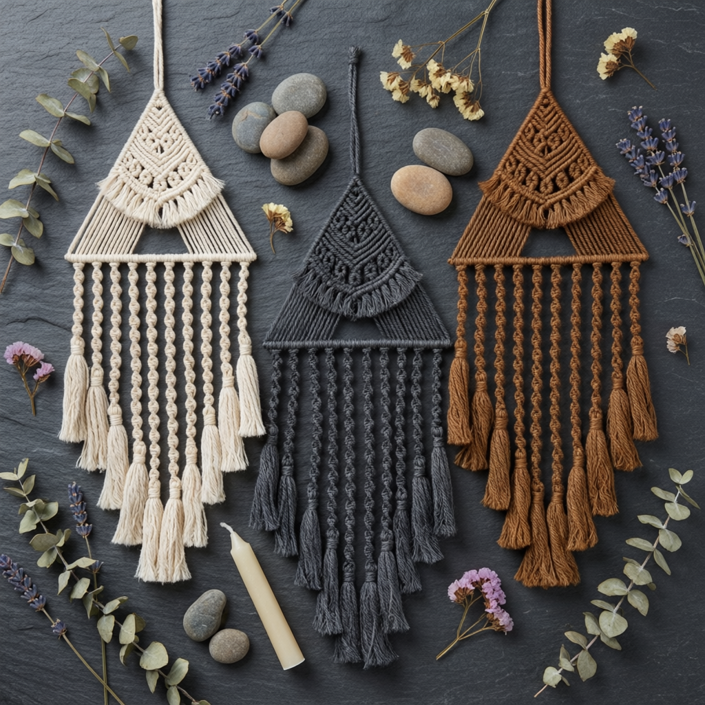 Three triangle macrame dreamcatchers in cream, gray, and brown — flat lay with dried lavender eucalyptus and stones — boho wall art