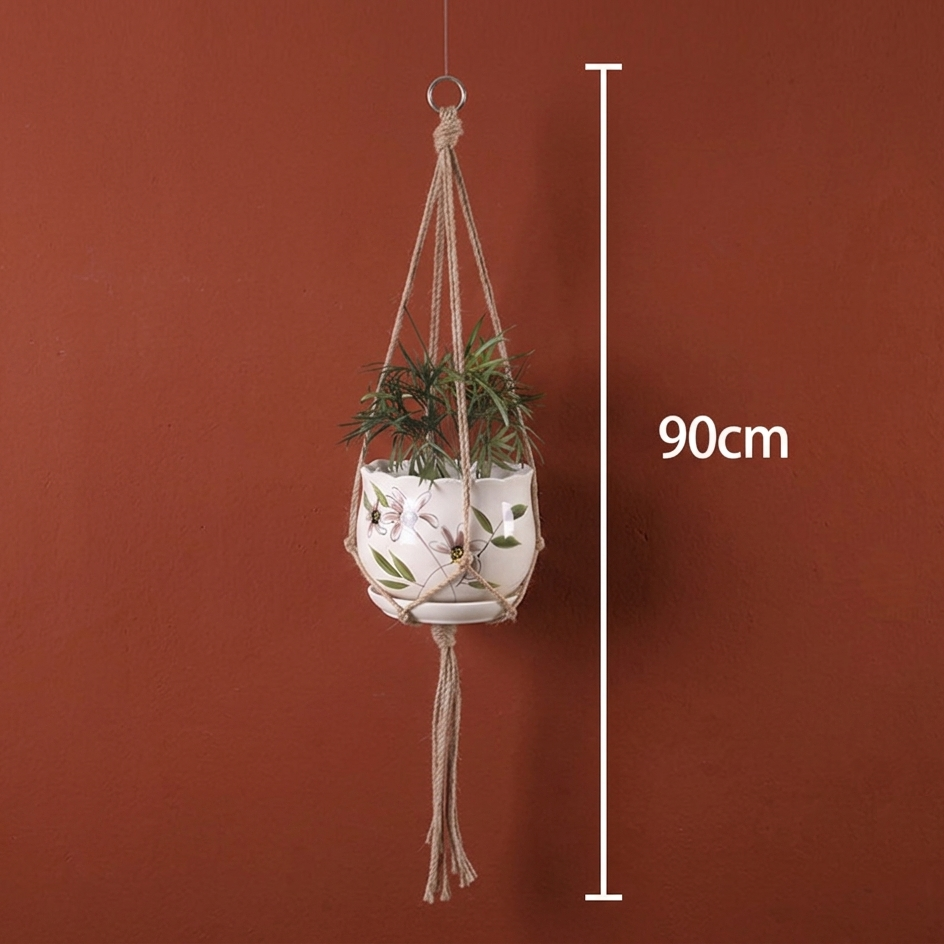 Jute plant hanger size chart showing 90 cm height with pot
