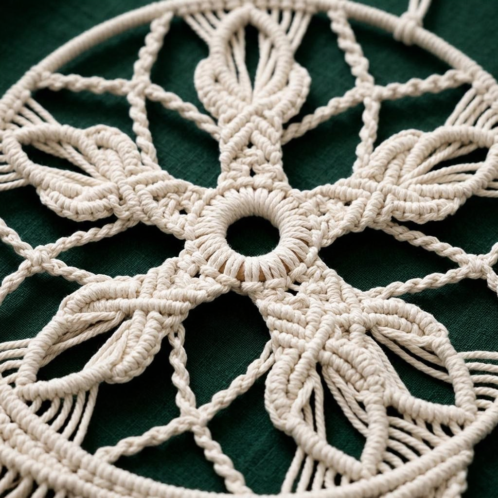 Close-up floral knotwork detail of large cream macrame dreamcatcher on dark green background — Bohoartis