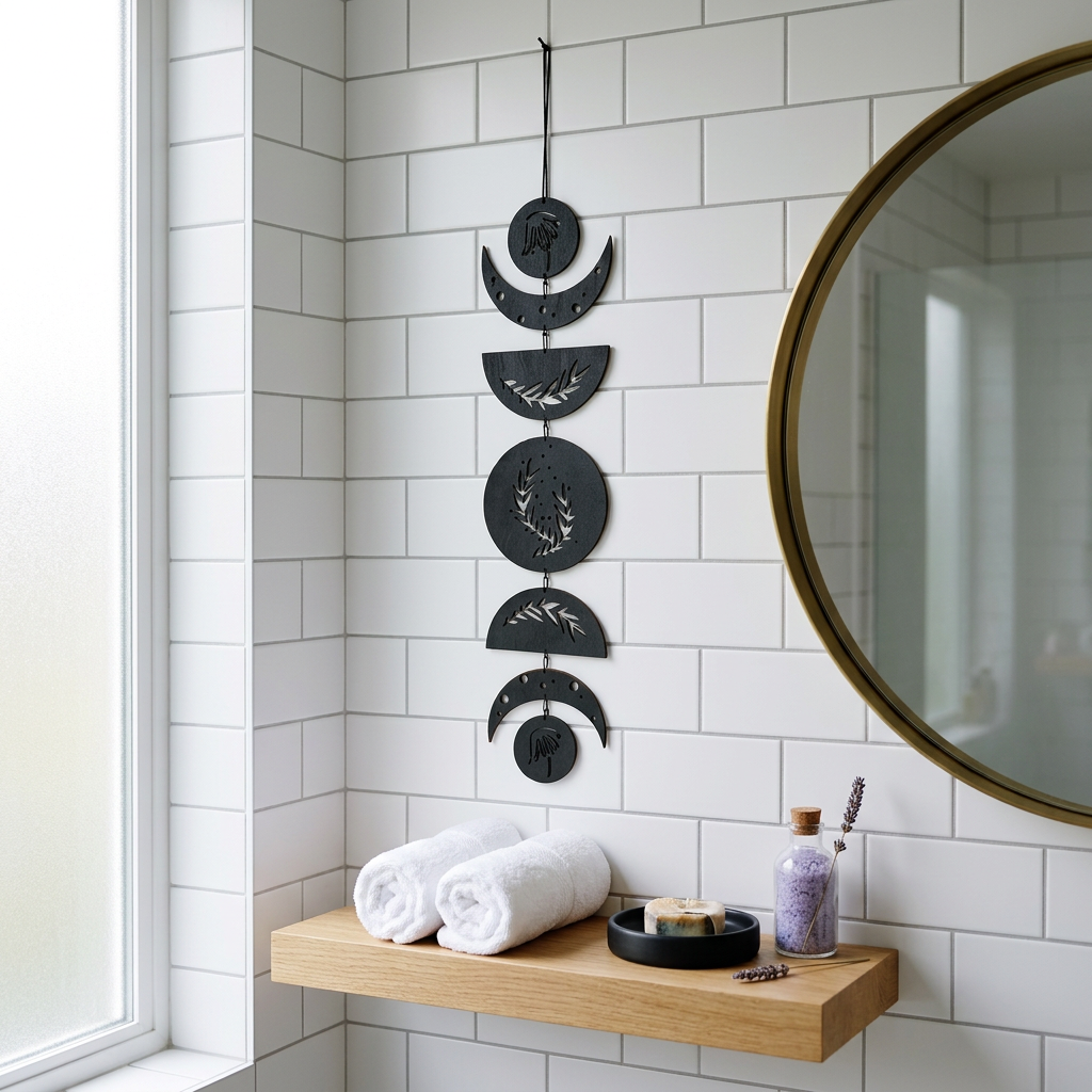 Housewarming gift — black laser-cut moon phase wooden wall hanging, celestial boho decor