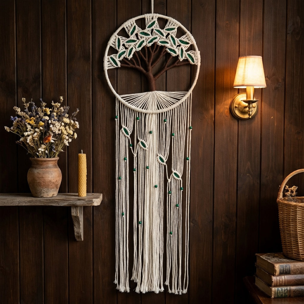 Tree of life macrame wall hanging in cottagecore room, dark brown wall, cream fringe with green woven leaves cotton rope