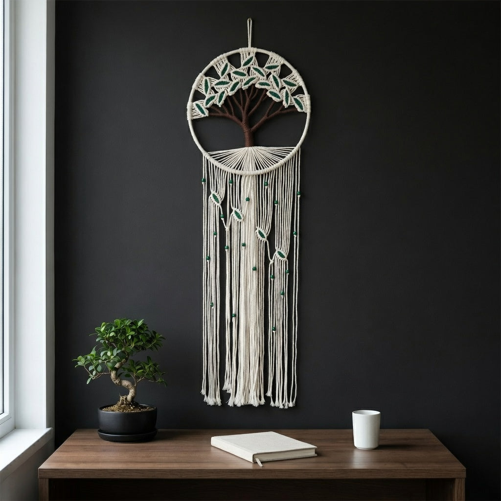 Macrame tree of life wall hanging on charcoal wall, Japandi minimalist decor, cream cotton rope with green woven leaves