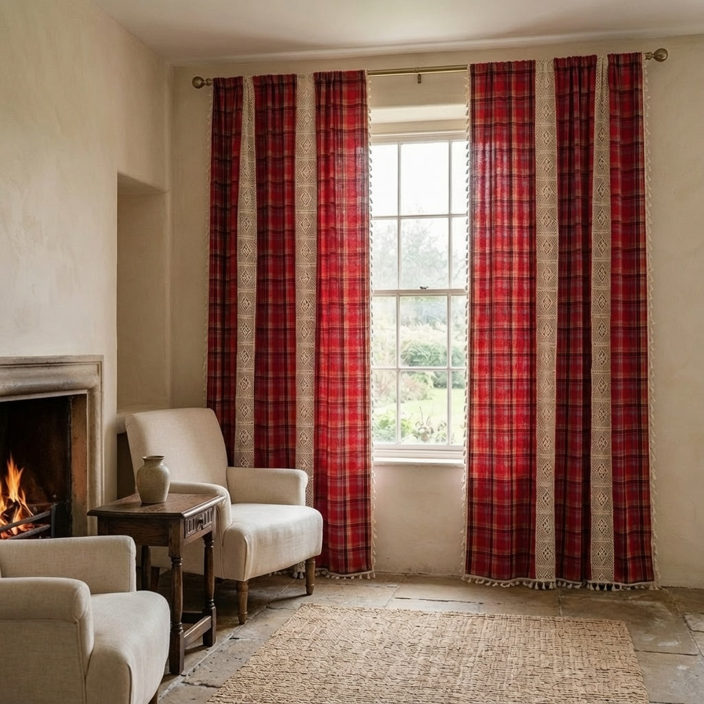 Red tartan crochet lace curtain in a dramatic dark Victorian living room with marble fireplace and teal chaise