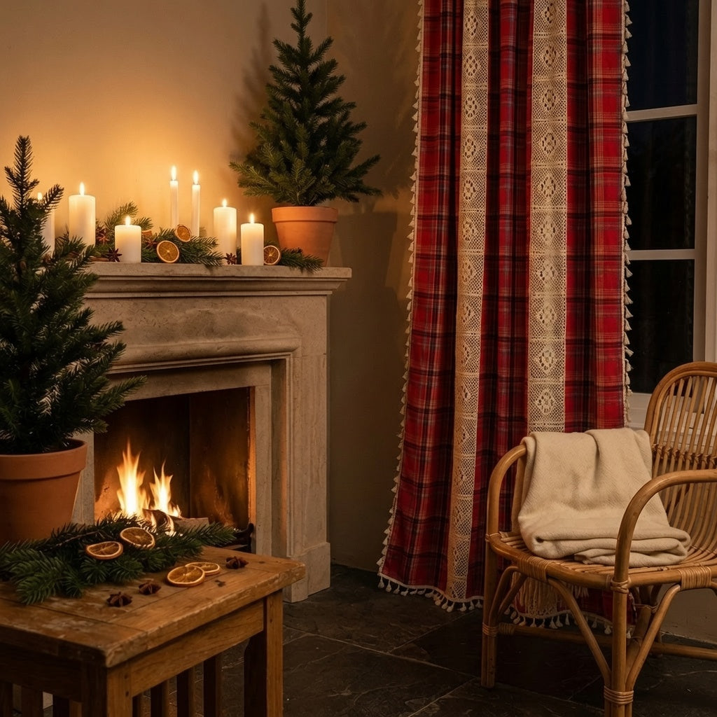 Two red buffalo plaid crochet curtain panels hanging symmetrically in a bright white Scandinavian living room