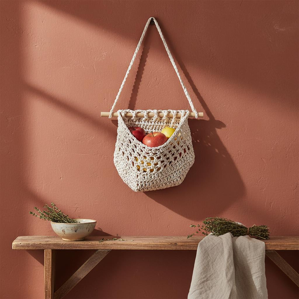 Three tier hanging fruit basket in cotton rope against terracotta wall, boho kitchen organizer