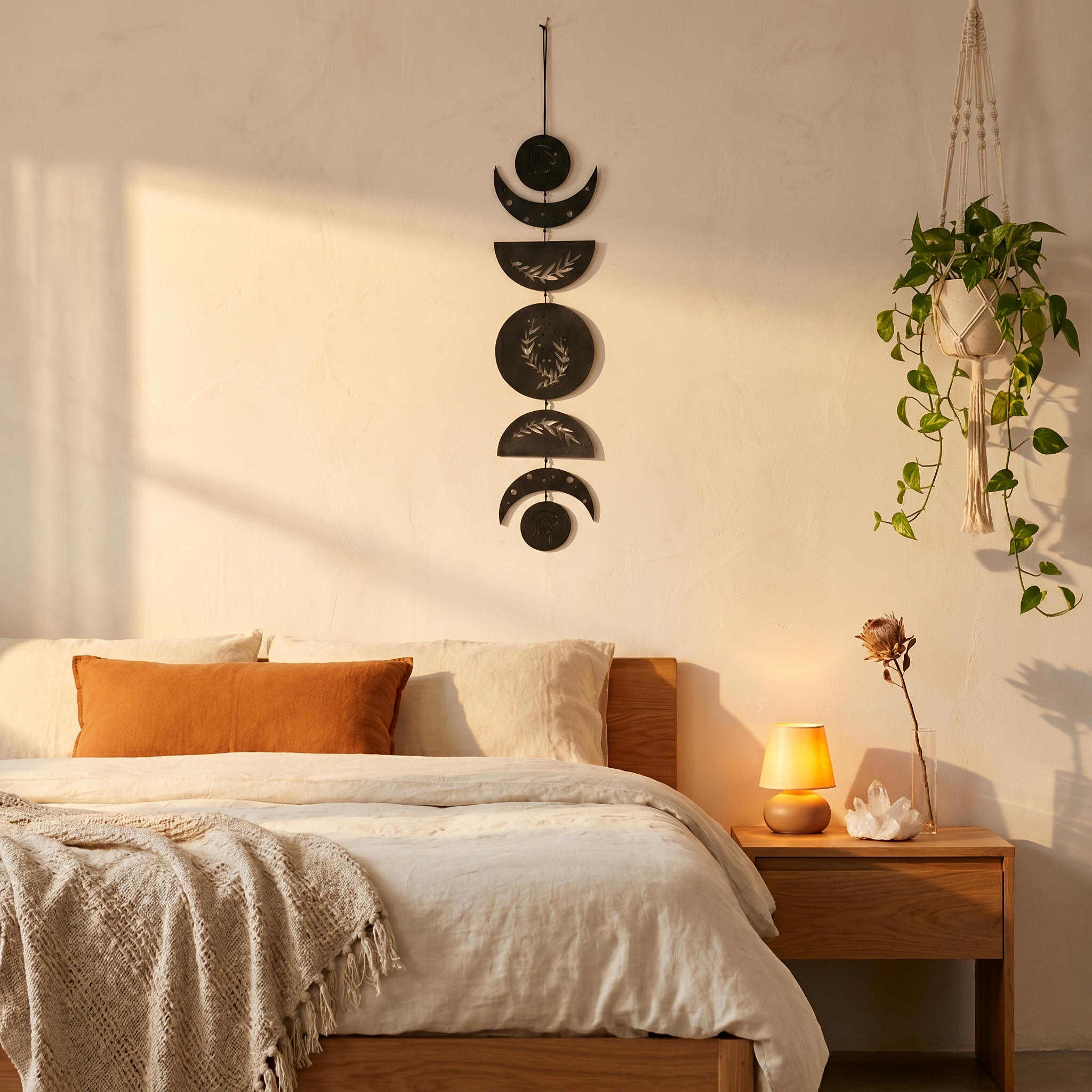 Black moon phase wooden wall decor — slim vertical piece, cotton cord, seven wood elements