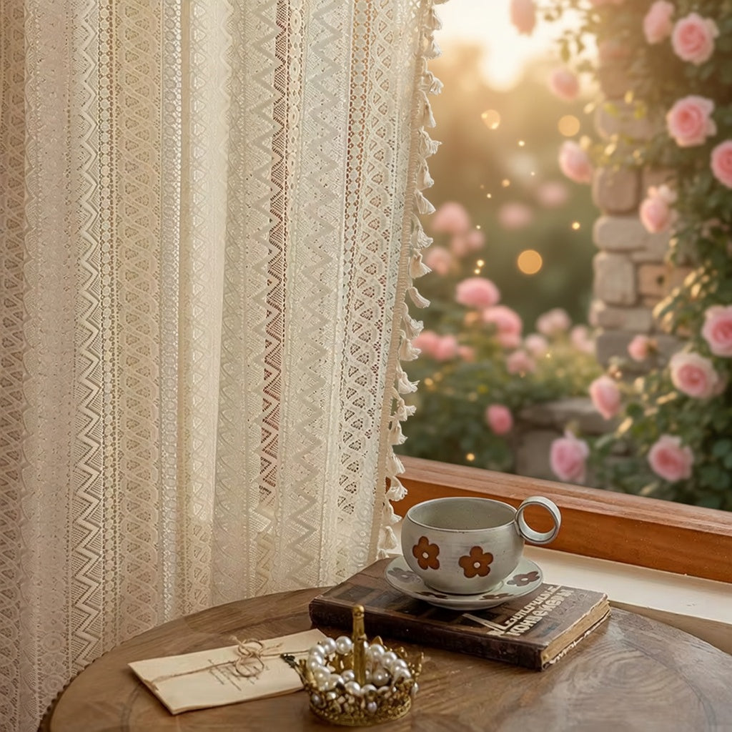 Cup with saucer on a book by a window with floral view
