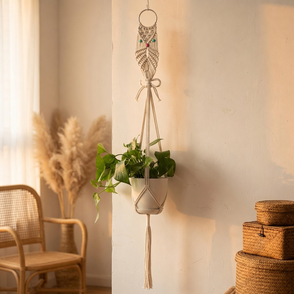 Macrame Plant Hanger — Simple Loop, Natural Cotton Rope, 3 Styles, 105 cm