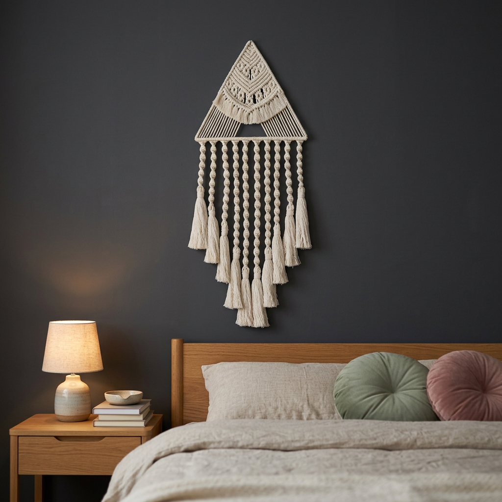 Cream triangle macrame dreamcatcher wall hanging above bed on dark charcoal wall — boho bedroom decor with cotton tassels
