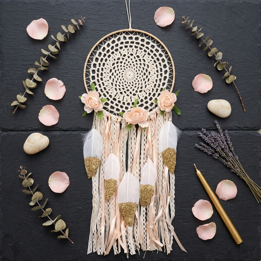 Bohemian flower dreamcatcher flat lay dark slate with rose petals eucalyptus lavender and gold candle