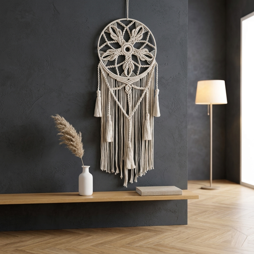 Cream macrame dreamcatcher with cotton fringe on dark charcoal wall in Scandinavian living room with floor lamp — Bohoartis