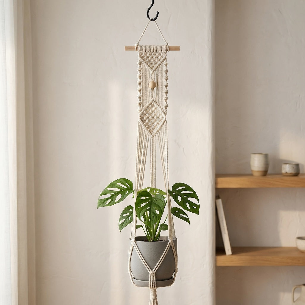 Geometric macrame plant hanger with wooden dowel hanging in Japandi living room beside natural oak shelf