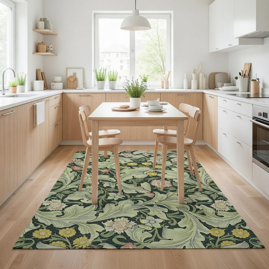 Sage green William Morris floral area rug on a kitchen floor near a dining table