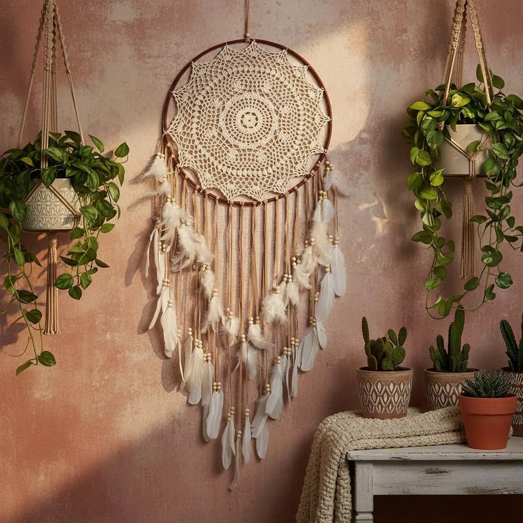 Large Boho Dreamcatcher with Feathers | Crochet Lace Hanging | Bohemian Bedroom Gift for Her