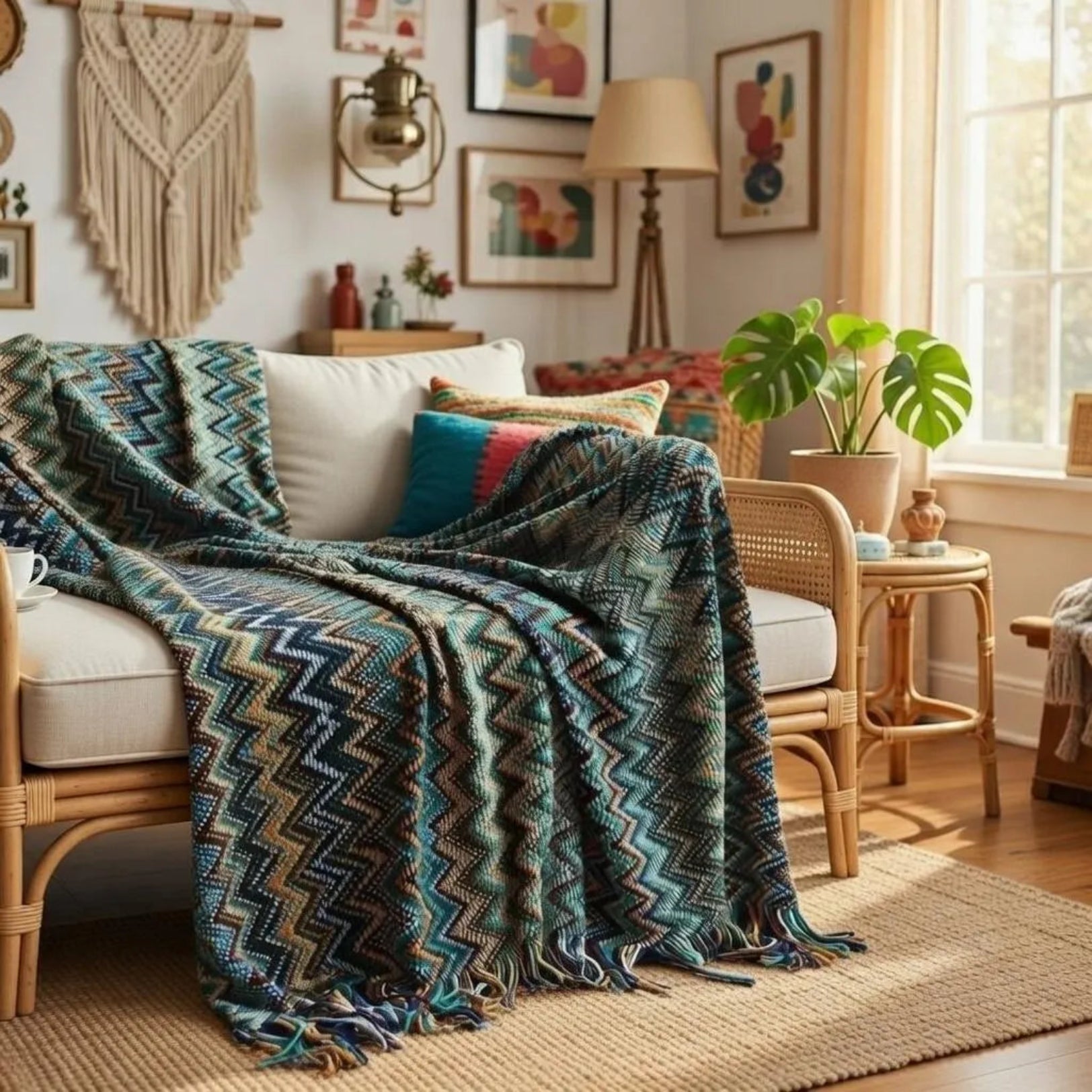 Teal striped boho blanket folded on white sofa, southwestern decor accent