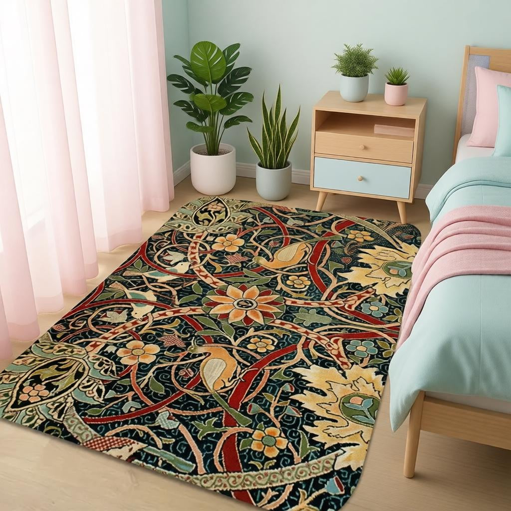 Deep red William Morris floral area rug in a bedroom next to a white nightstand with a pink pillow
