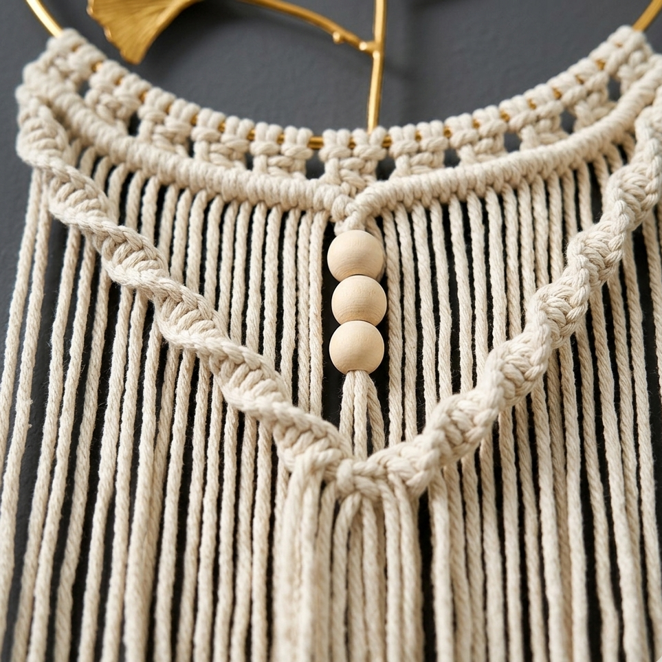 Close-up detail of cream cotton macrame knotwork wooden beads and fringe strands ginkgo wall hanging — Bohoartis