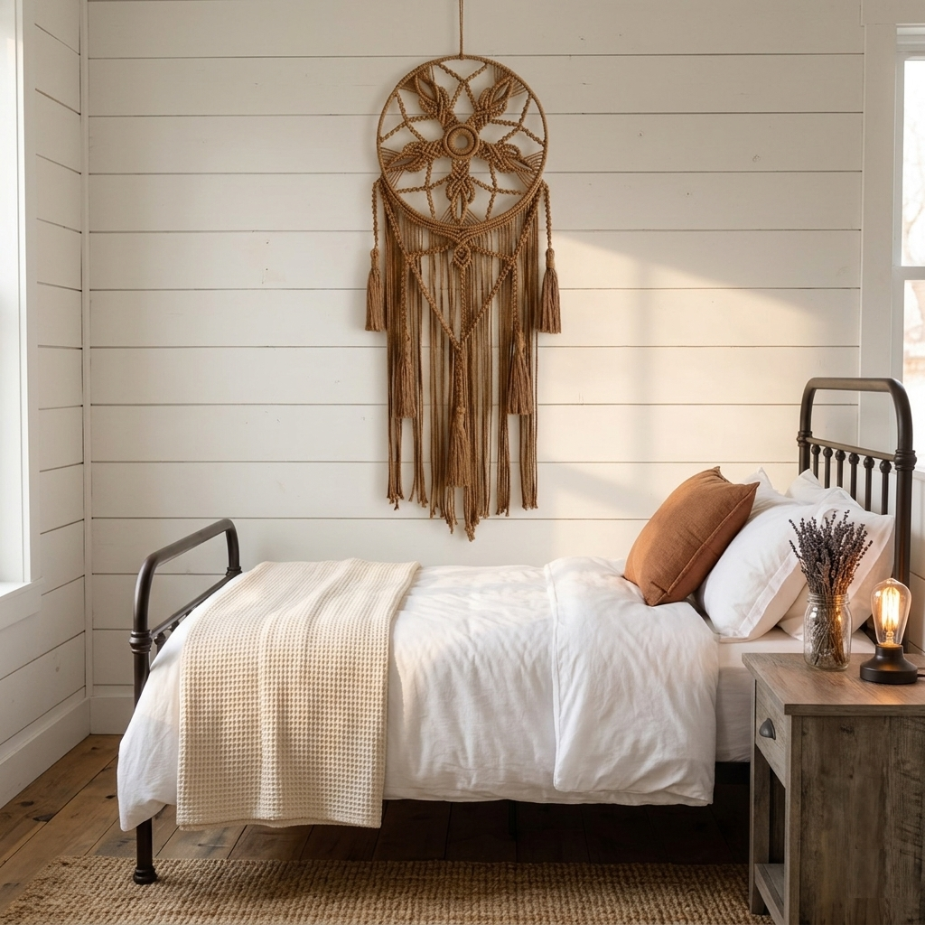 Large brown macrame dreamcatcher with tassel fringe on white shiplap wall in farmhouse bedroom — Bohoartis