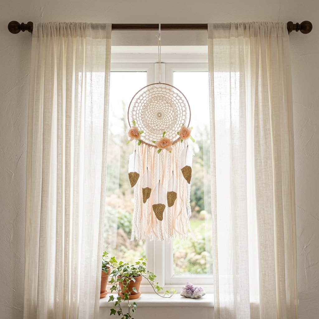 Bohemian flower dreamcatcher hanging in window with backlit feathers and lace cream ribbon strands boho bedroom