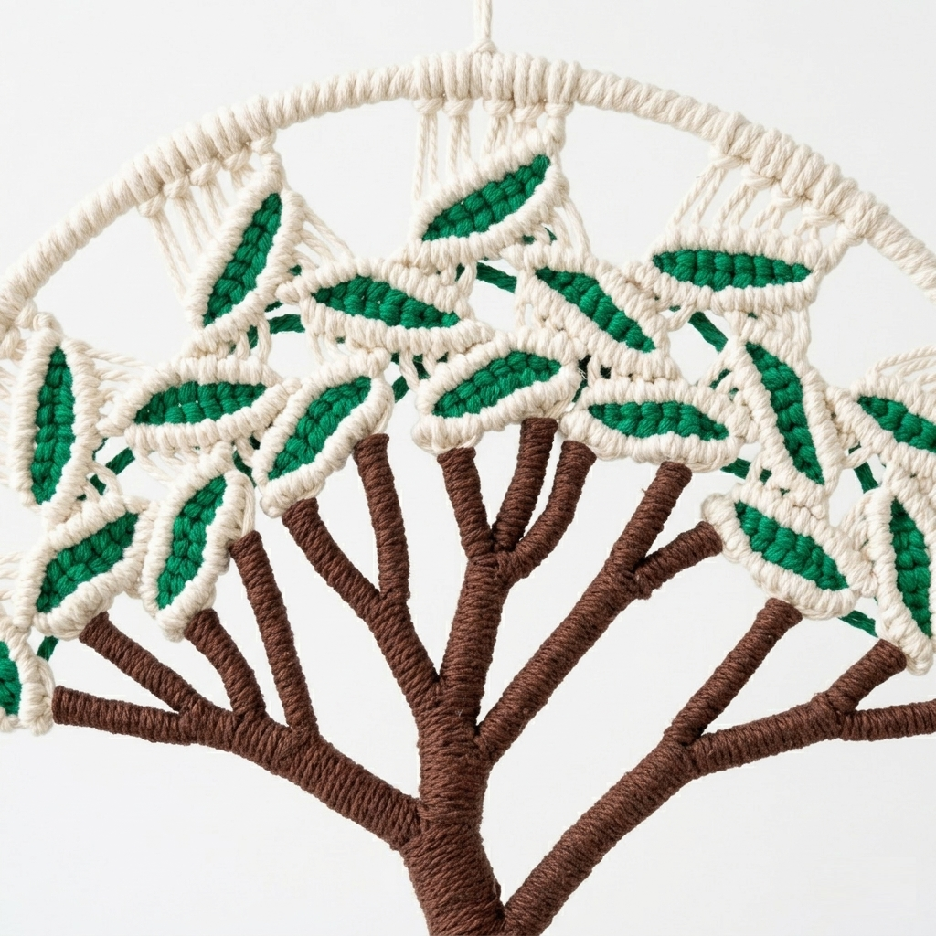 Tree of life macrame wall hanging white background, cream cotton rope circular hoop brown trunk green leaves, boho decor
