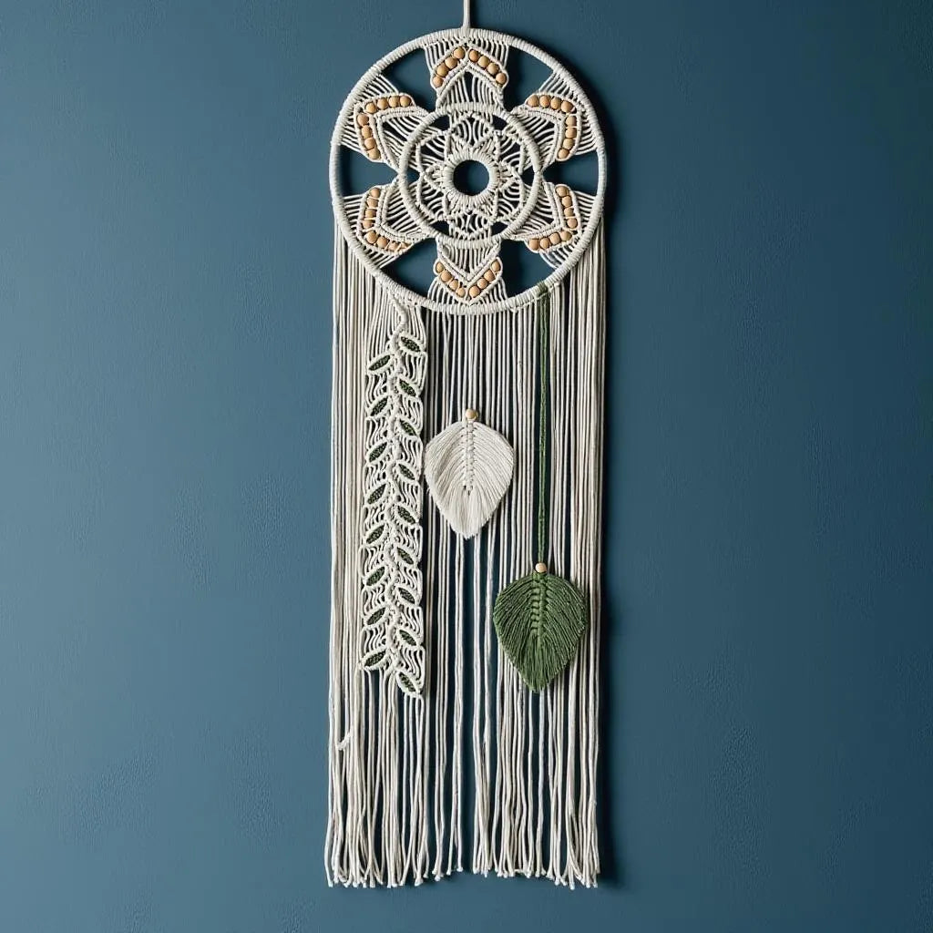 Macrame Wall Hanging Dream Catcher | Mandala Boho Wall Decor Wood Beads Green Leaf Fringe