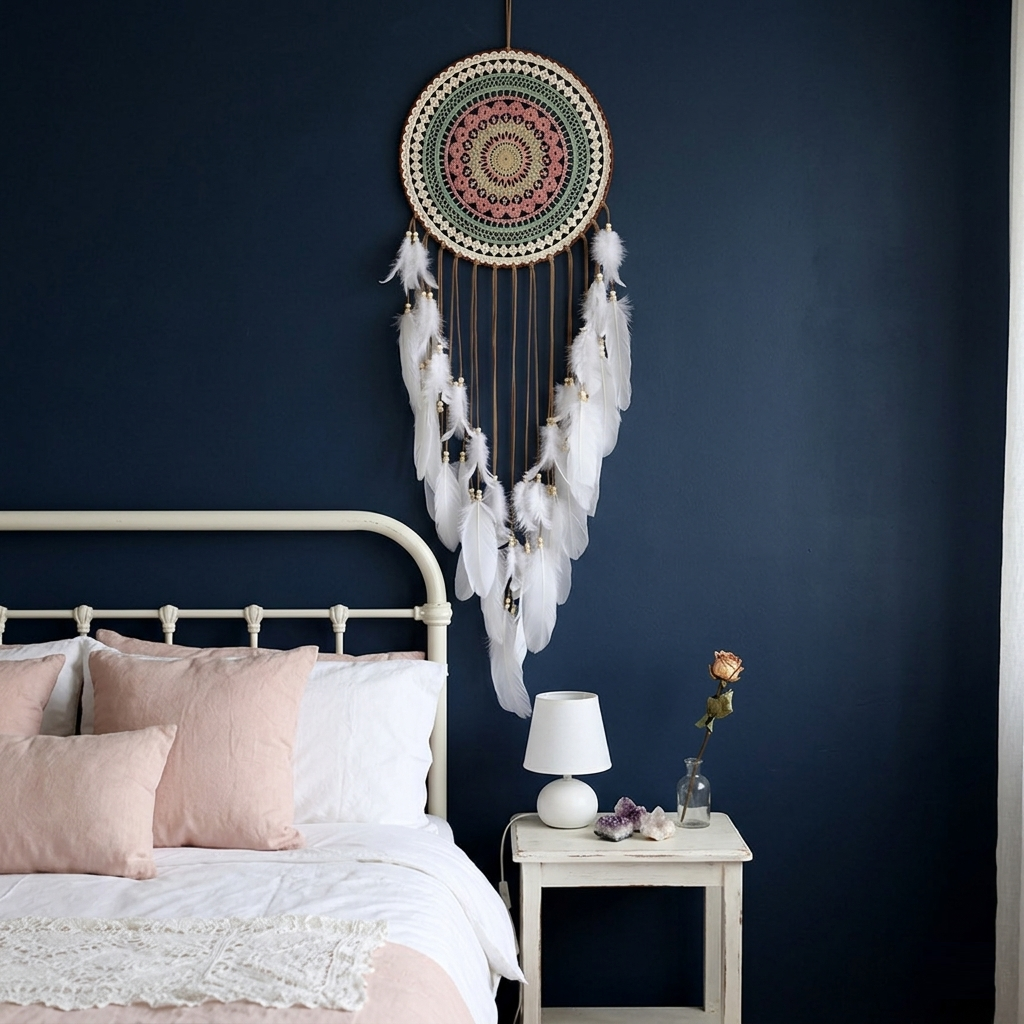 Boho mandala dreamcatcher above white iron bed with navy accent wall and pink pillows — feather wall decor