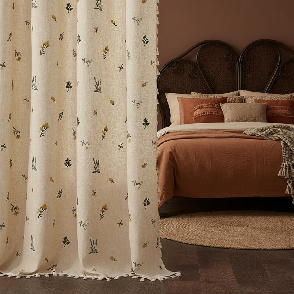 Boho Embroidered Linen Curtain Daisy Floral Farmhouse Rod Pocket Window Drape