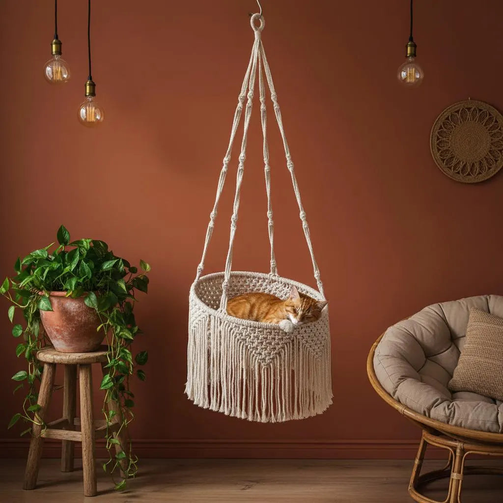 Macrame Cat Bed Hanging Hammock, Boho Cat Nest Cotton Basket, Fringe Pet Swing Gift