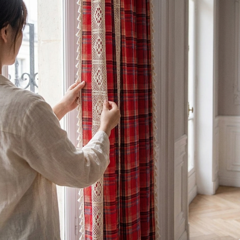 Woman adjusting a red tartan crochet lace curtain at a window, close-up of cream lace band and tassel trim
