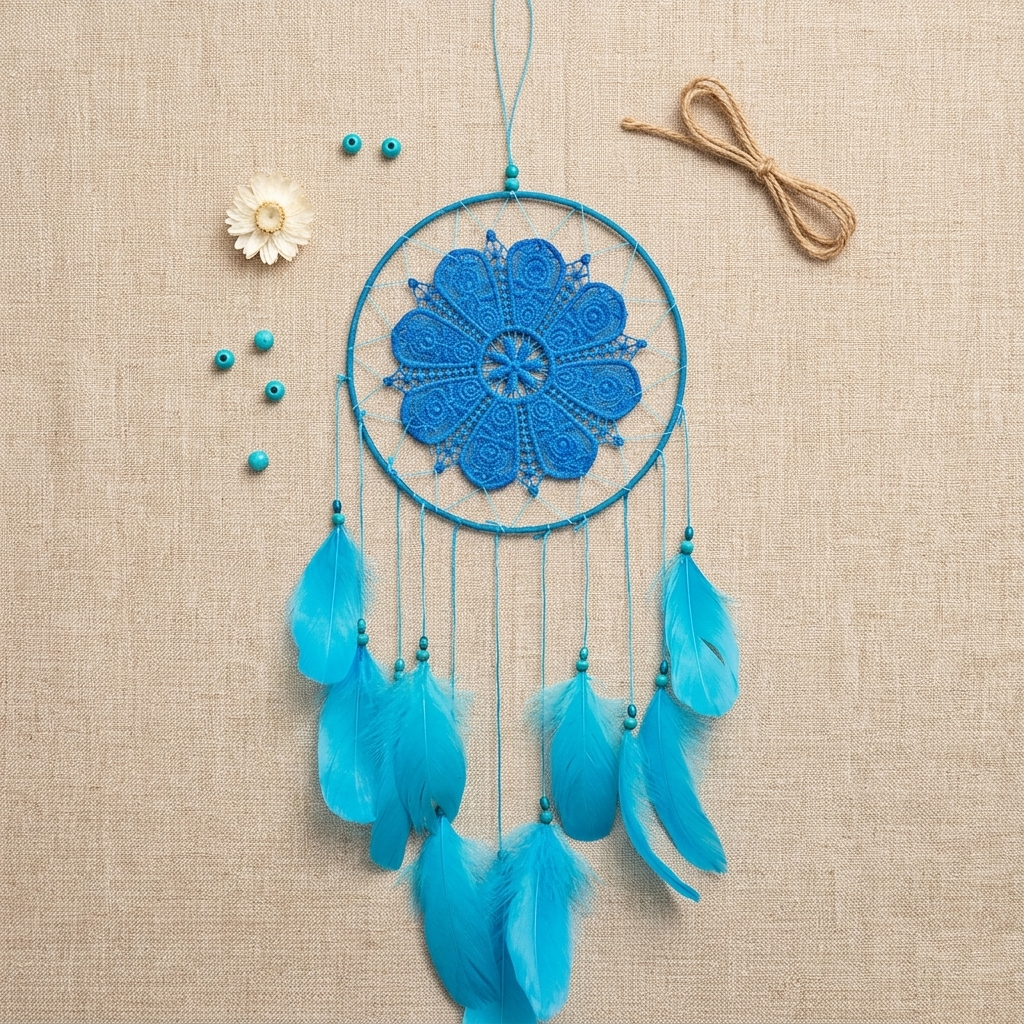 Blue dream catcher with turquoise feathers flat lay on linen — dreamcatcher gift idea