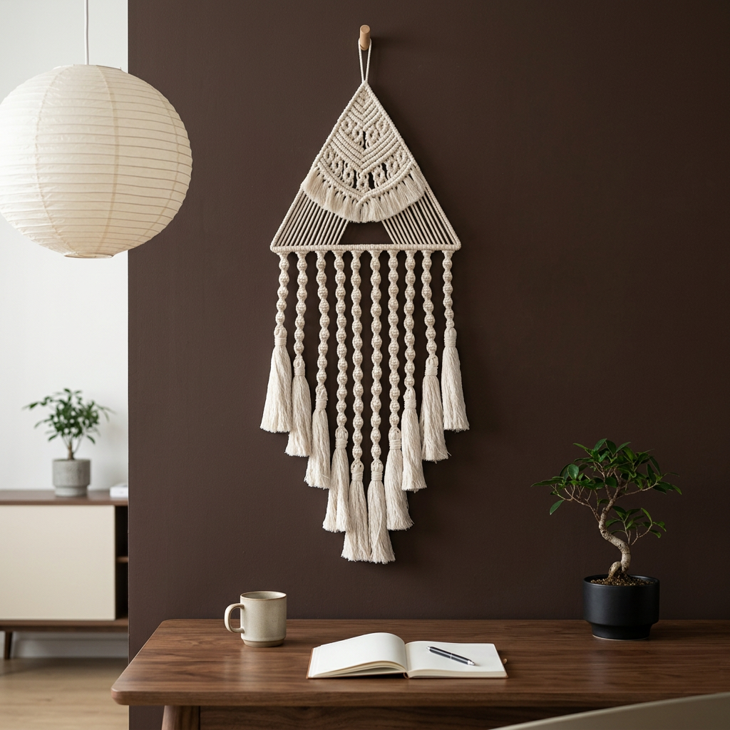 Ivory triangle macrame wall hanging above wooden desk on dark brown wall — boho home office decor with cotton fringe