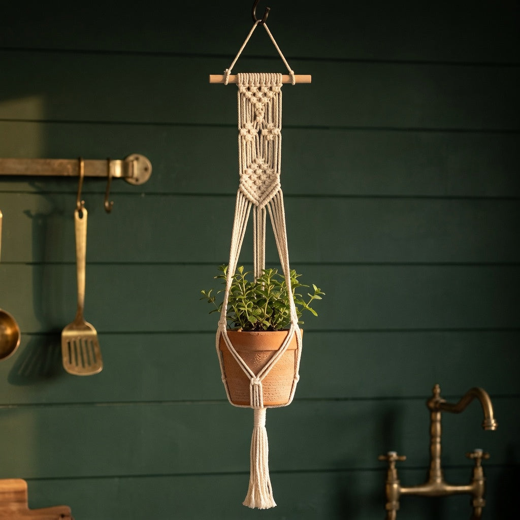Macrame hanging planter with wooden stick and tassels on dark green wall farmhouse style indoor plant decor