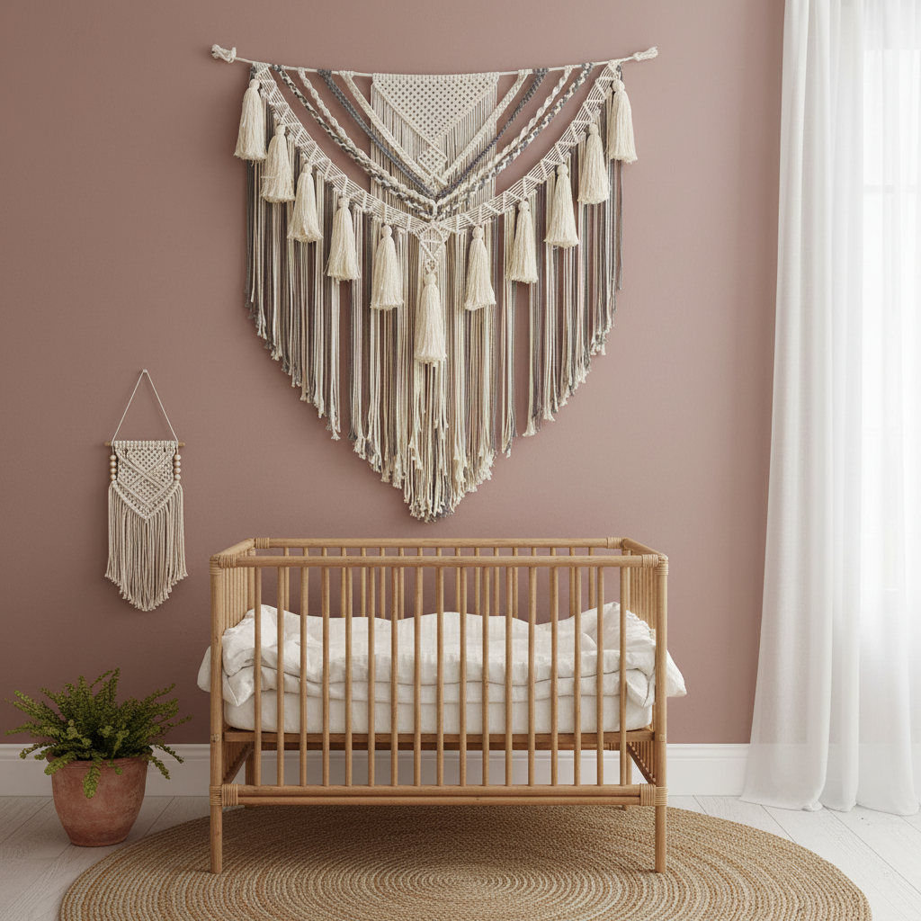 Large macrame wall hanging in boho nursery above crib — neutral cream cotton wall art, nursery wall decor