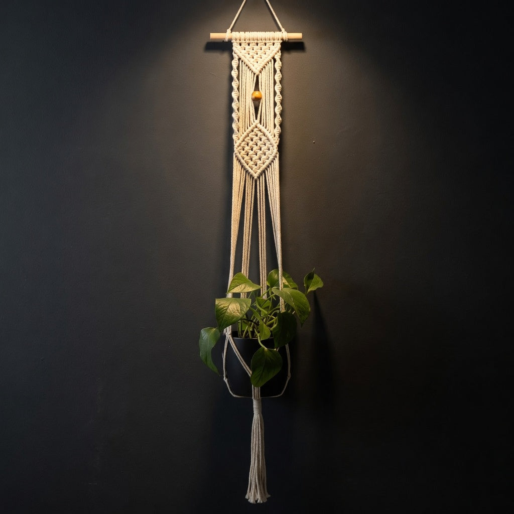 Macrame plant hanger with wooden dowel and diamond knotwork on dark charcoal wall, indoor plant decor