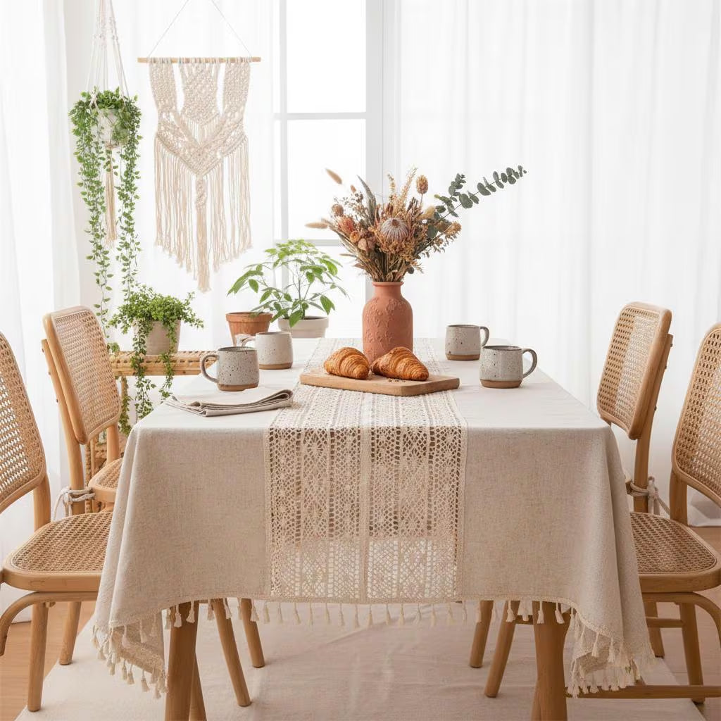 Crochet Tassel Tablecloth | Boho Farmhouse Lace Rectangle Table Cloth for Dining, Wedding & Christmas Decor
