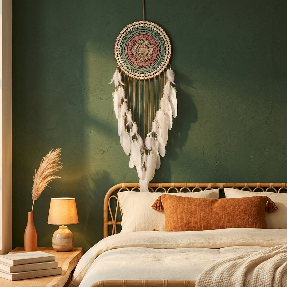 Round mandala dreamcatcher above rattan headboard on sage green wall — boho bedroom feather wall hanging