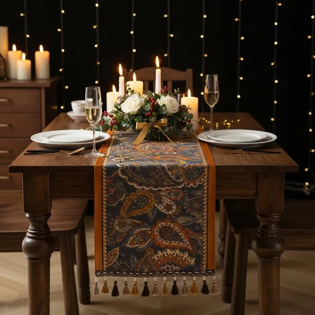 Boho Paisley Table Runner with Tassels | Farmhouse Vintage Fringe Runner | Wedding Holiday Decor